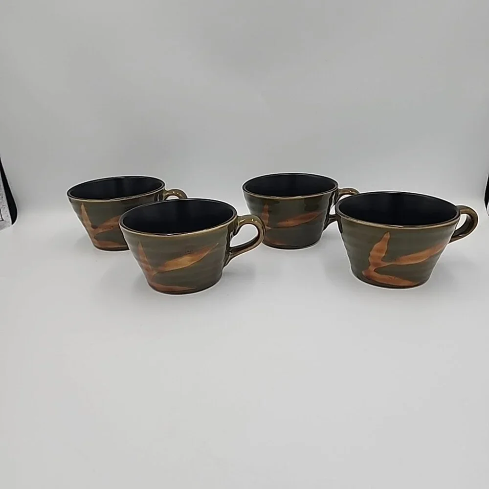 Pier 1 Dakara Hand-Painted Stoneware Tea pot Cups Set Of 4 Green Beige
